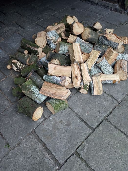 Drzewo opałowe wiśnia pocięte na drobne kawałki.