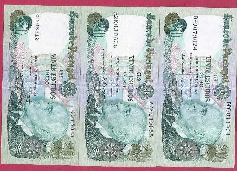NOTAS DA REPUBLICA 3 NOTAS DE  20 ESCUDOS CH9   1978