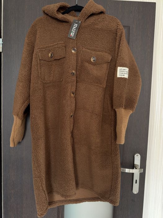 PROMOCJA TYLKO DZIŚ 120zł - Płaszcz Teddy Baranek Brązowy Długi z Kapturem UNI Oversize NOWY Z METKĄ