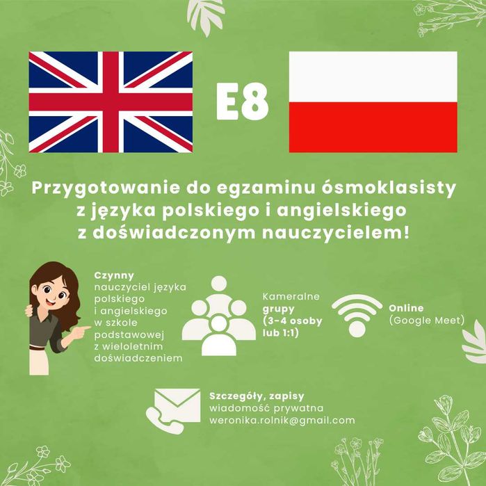 Korepetycje egzamin ósmoklasisty E8 polski / angielski | Nauczyciel online | 2w1