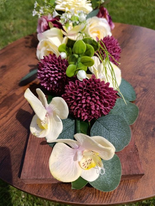 Stroik na grób deska drewno 60cm - kompozycja na cmentarz ze zniczem