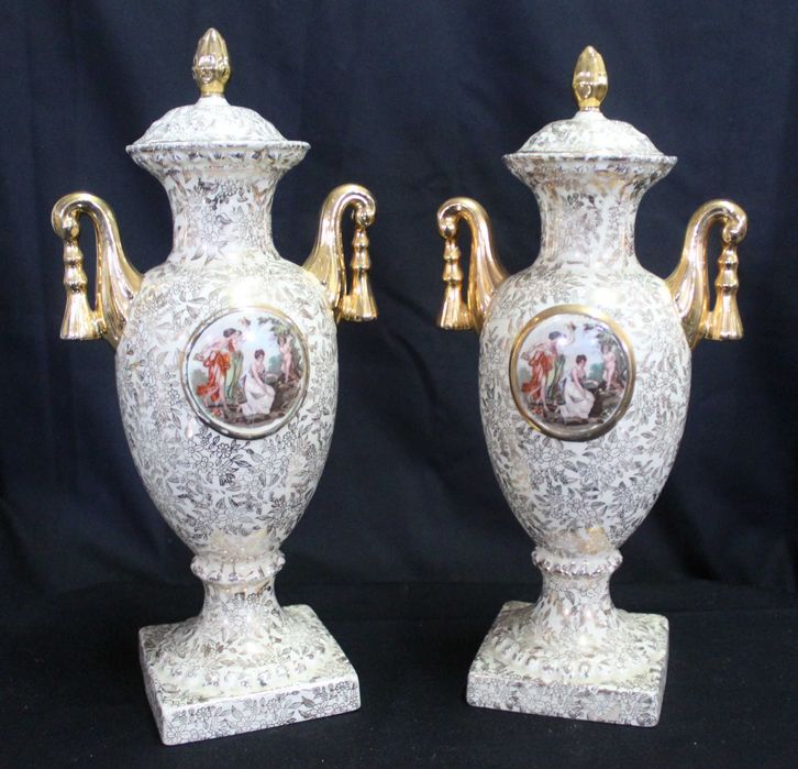 Ânfora vintage com tampa em loiça pó de pedra inglesa, anos 50