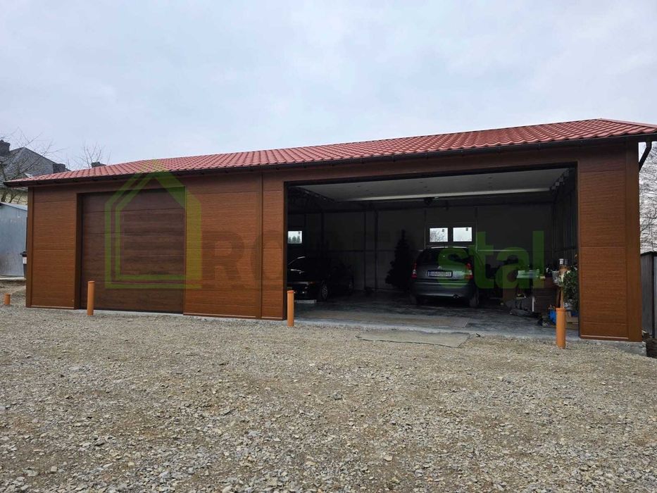 hala Garaż ocieplany z płyty warstwowej 12,5x8 złoty dąb orzech