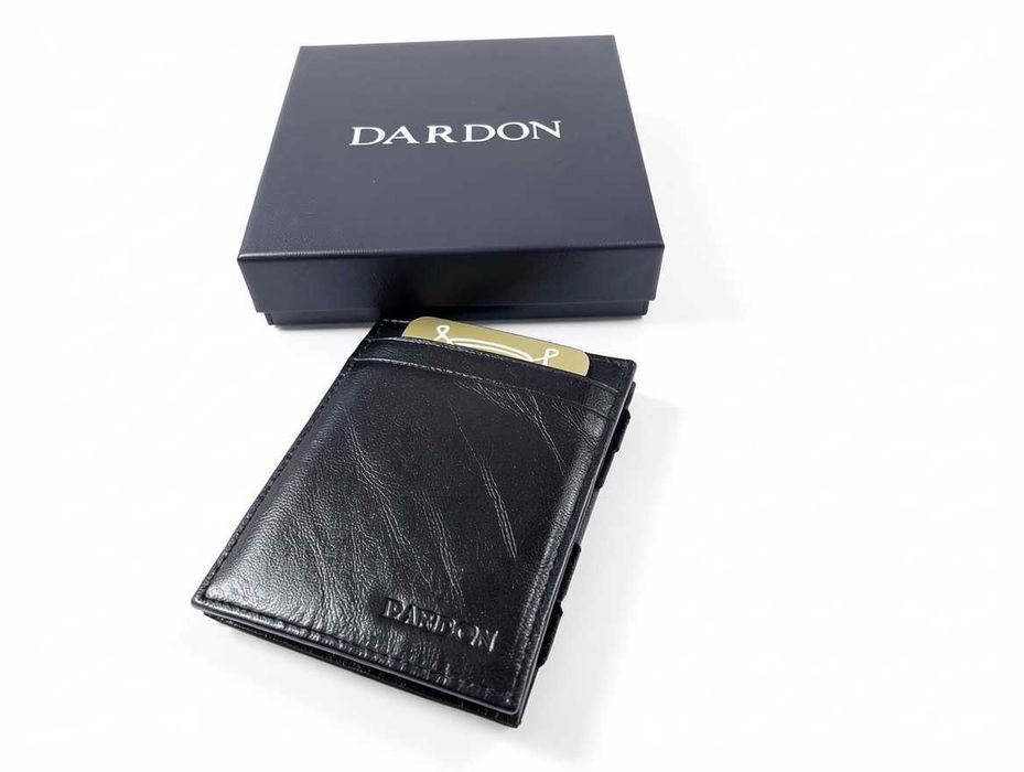R066 DARDON Magic Wallet Skórzany Portfel Męski Z Włoskiej Skóry Cielęcej Slim RFID Czarny I Szary Ekskluzywny Cienki Portfelik Etui Na Karty