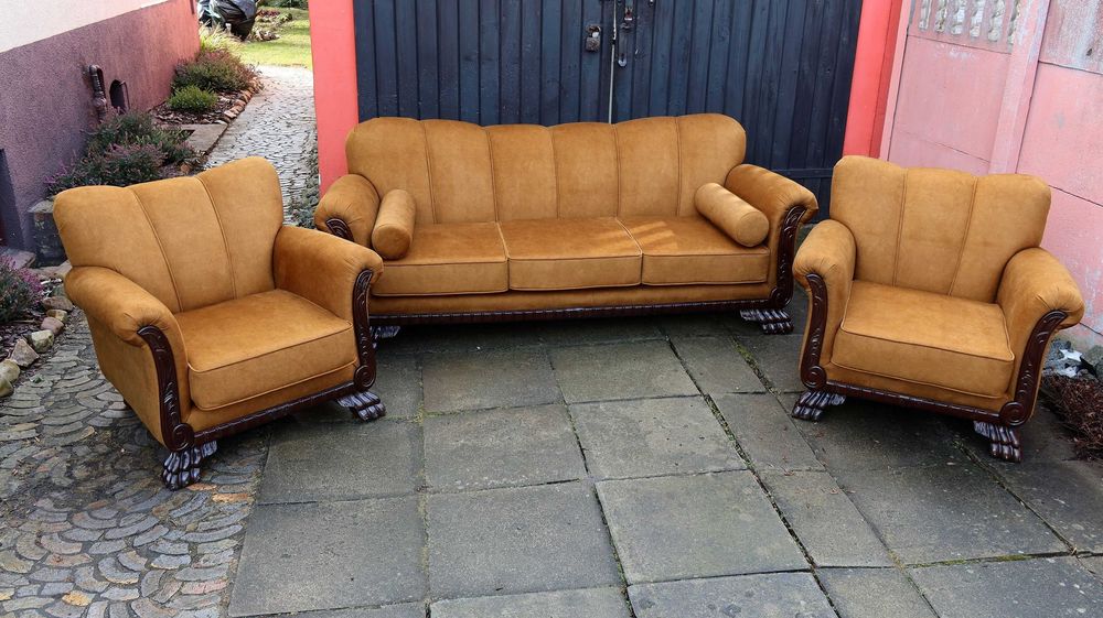 Wspaniały Komplet Wypoczynkowy Sofa 3 os. 2 Fotele Lwie Łapy Renowacja