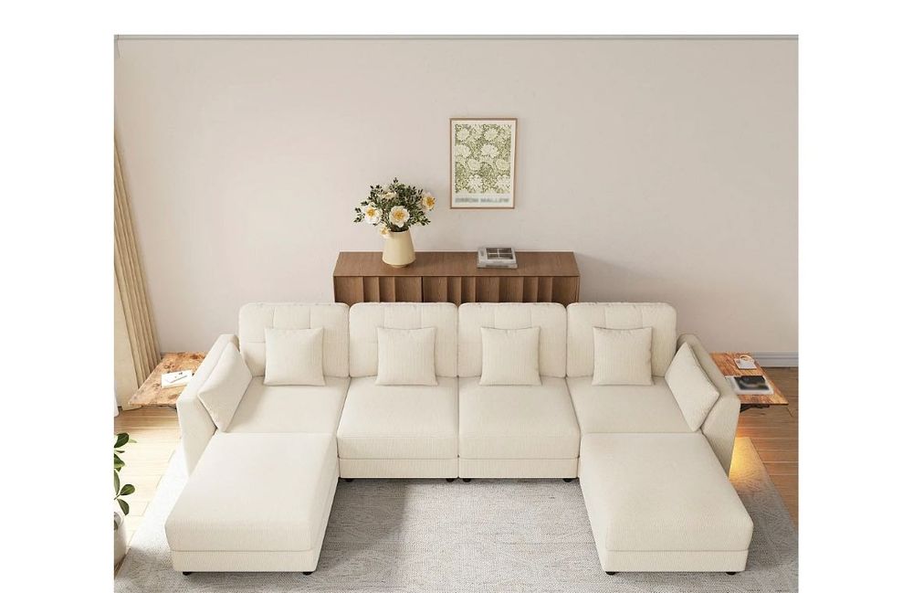 Sofá de canto em U/L - 2 pés de descanso móveis - com iluminação LED - mesa de apoio dobrável - com 6 almofadas - tecido chenille - bege
