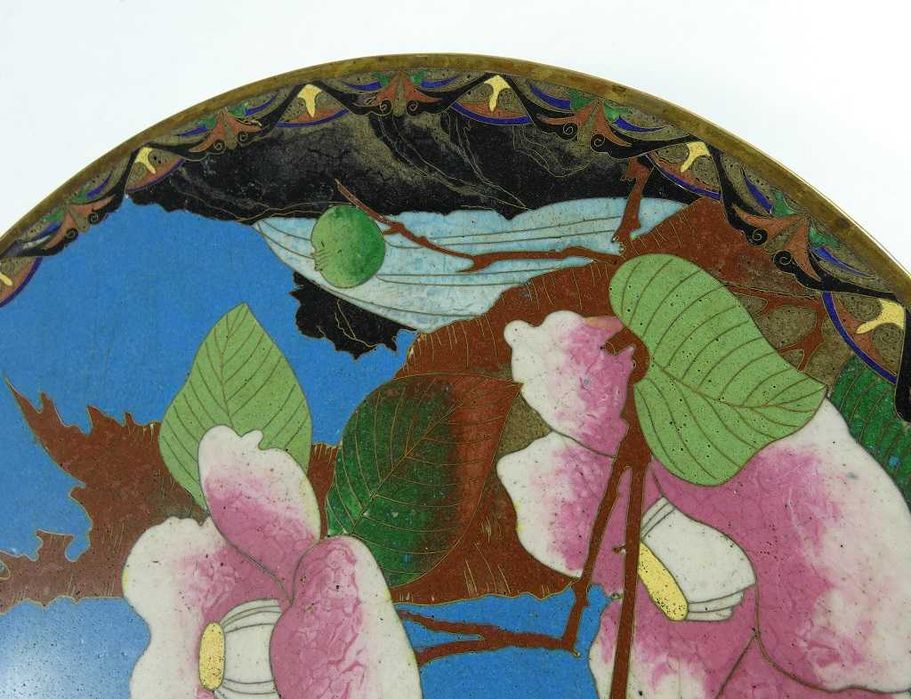 PATERA talerz emalia CLOISONNE ptak kwiat kamelia magnolia 30,5 cm