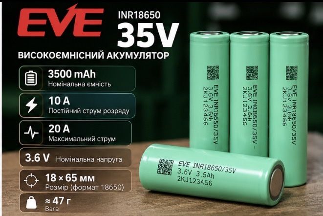 Акумулятор EVE 35V 18650 3500 mAh  lifepo4  eve 35V  35 в  18650  Акумулятор EVE INR 18650 35V 3500mAh 10A  10А  иви 35в  еве 35в  10а  пальчикові бат