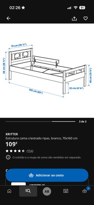 Cama Kriter Ikea com estrado e colchao e barra de seguranca