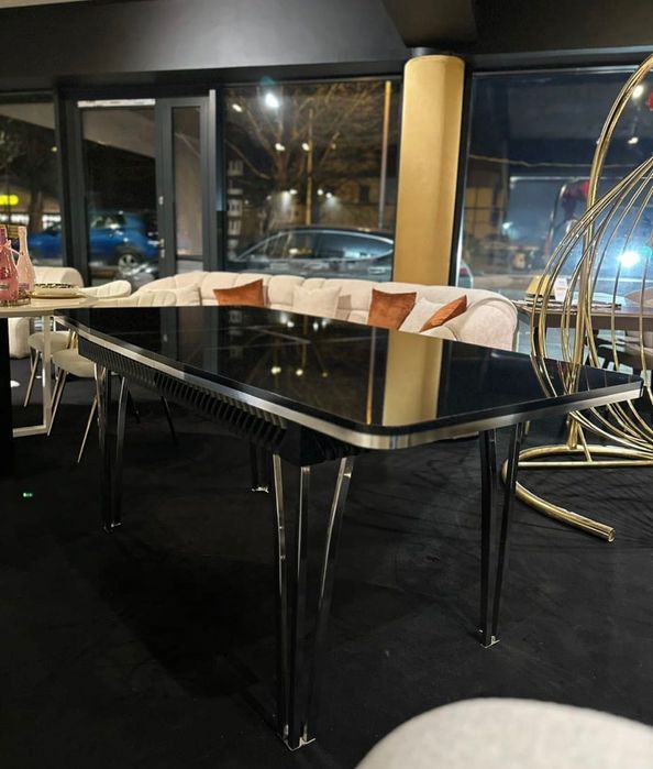 Stół Loft Rozkładany Czarny Połysk | Chromowane Nogi | Nowoczesny