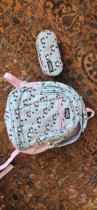 Plecak piórnik loozz panda turkus usztywniane plecy lekki trzykomorowy