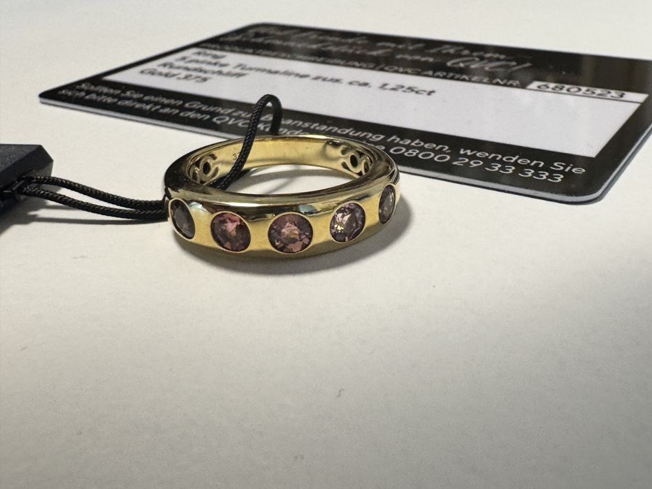 Nowy złoty  pierścionek 375 z 5 różowymi turmalinami 1.25ct 19mm