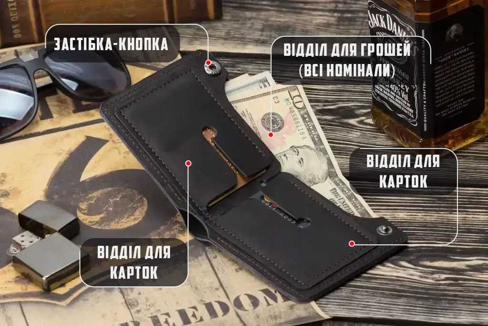 Чорний чоловічий шкіряний гаманець LEGION з натуральної шкіри crazy