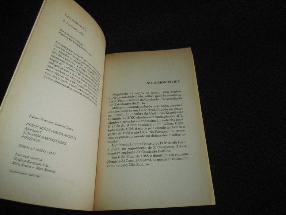 Livro O Nome das Coisas Zita Seabra 1ª edição 1988