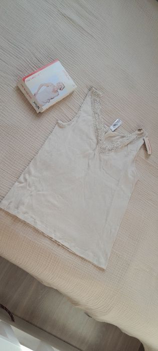 Koszulka na ramiączkach z koronka beż 100% bawełna pure Cotton L