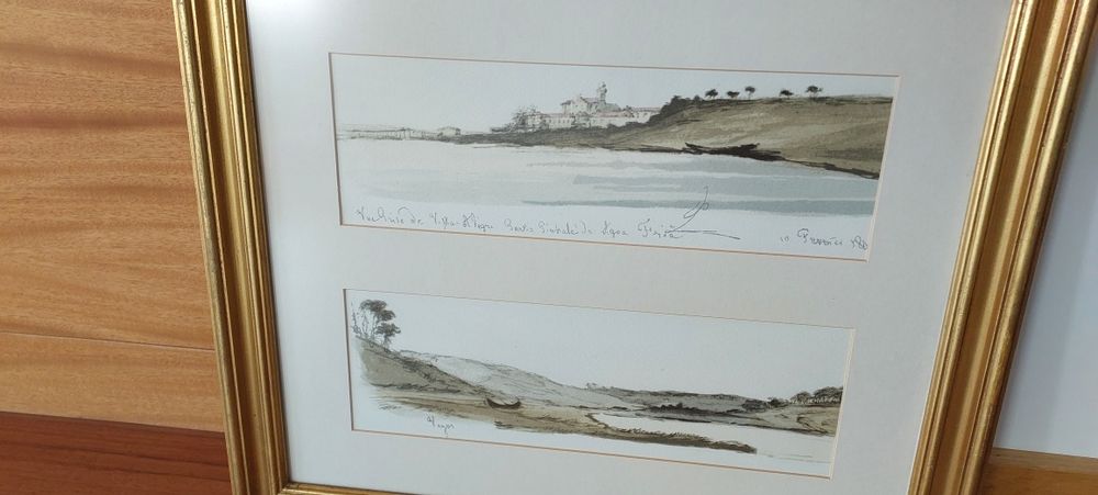 serigrafia dupla ,  da panorâmica da fábrica da Vista Alegre, emoldura