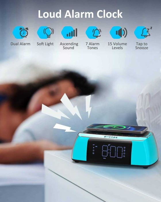 Cyfrowy budzik zegarek, ładowarka indukcyjna, głośnik Bluetooth, LED