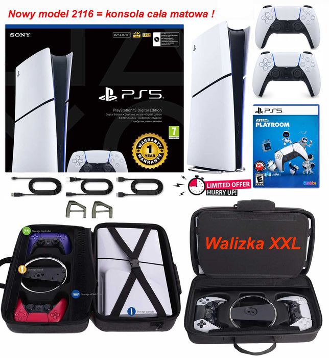 PS5 Slim 825GB Digital + 2 pady Dualsense + walizka XXL + model 2116 + ROK Gwarancji