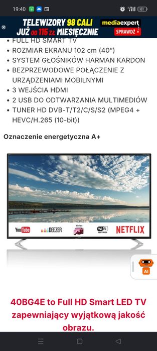 40cali led  smart tv z Wi-Fi, dvb-t2 hevc
