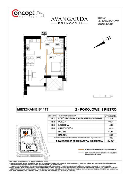 Mieszkanie 2-pokojowe, 42,61 m2 | B1/13