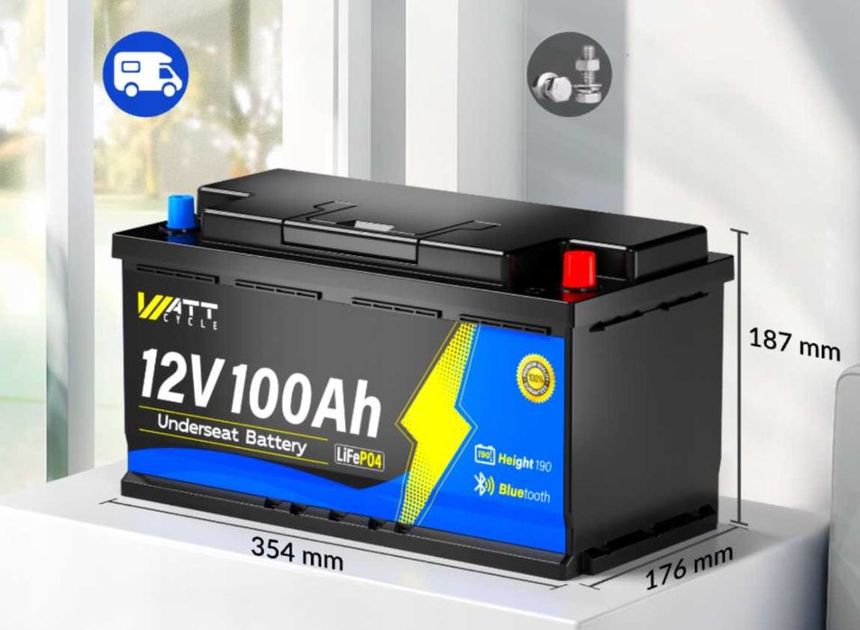 WattCycle LiFePO4 12V 100Ah H190 – Akumulator pod siedzenie | BMS 100A | 1280Wh