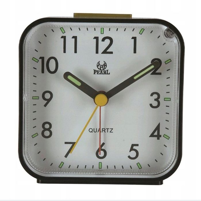 Analogowy, podróżny, nietykający zegar nocny z lampką nocną, czarny