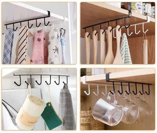 Вешалка подвесная на полку для посуды одежды, 6 крючков, металл, белая