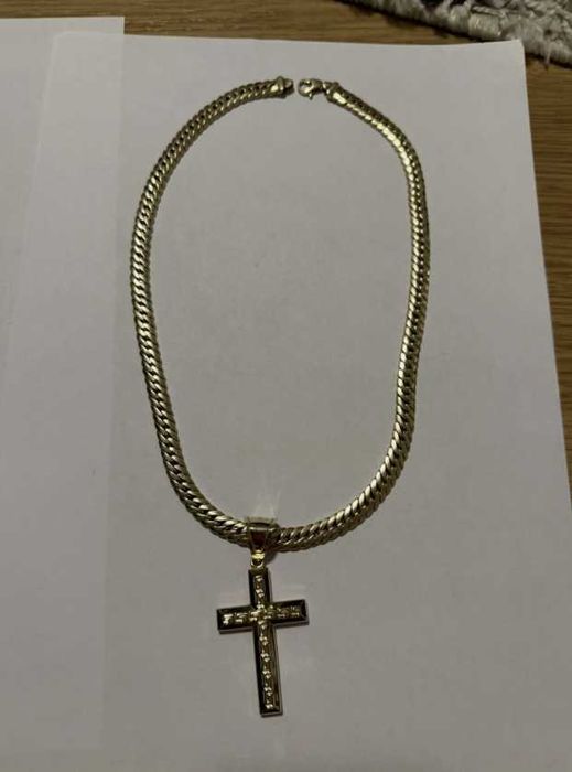 Łańcuszek z 14-karatowego złota o długości 65 cm + wisiorek w kształcie krzyża – męski naszyjnik z litego żółtego złota próby 585