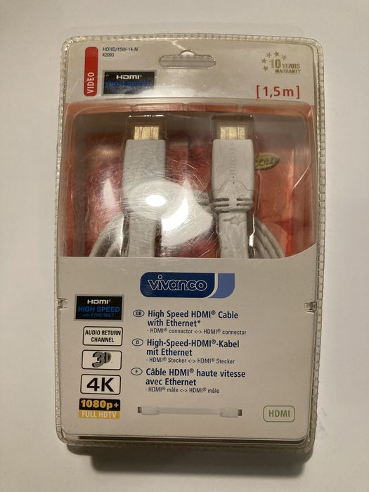 Cabo HDMI Vivanco 1,5m high speed + ethernet 4k branco novo