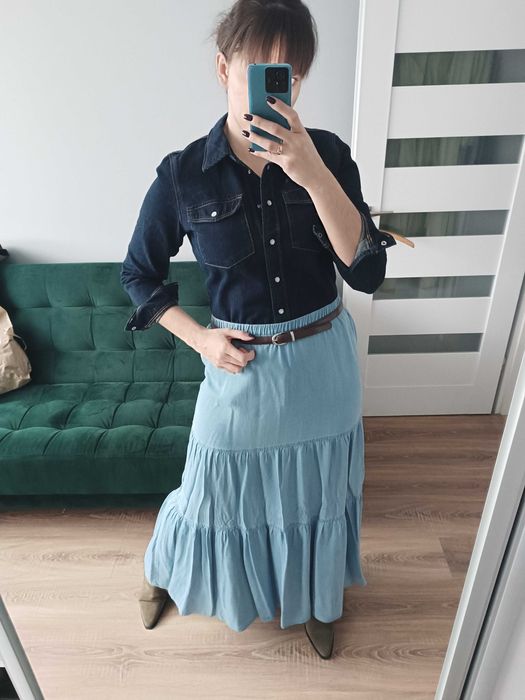 Spódnica długa maxi jeansowa falbany falbanki