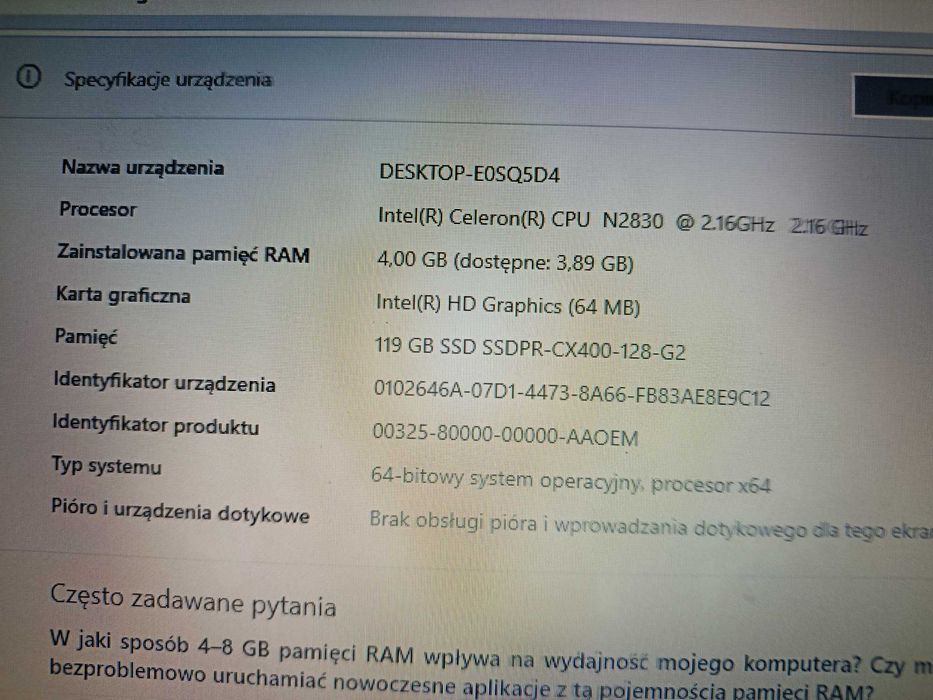Laptop ASUS  Intel Celeron 2,16 GHz