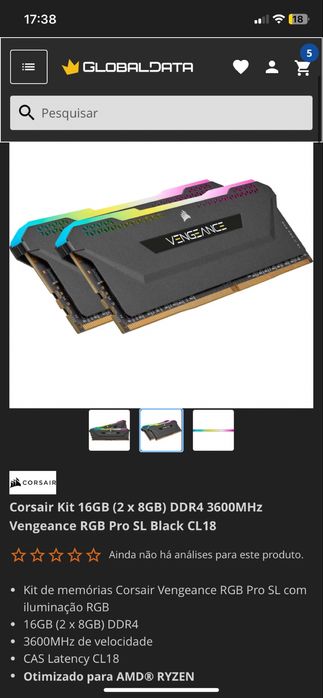 Memória Ram Corsair ProSL 16GB 2x8GB 3600MHz cl18 RGB64171269157378122