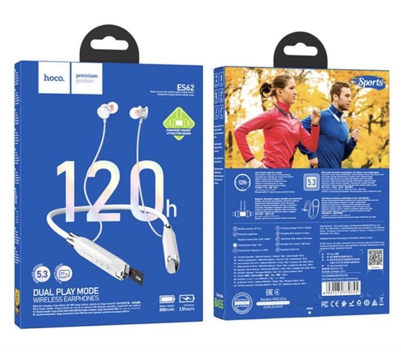 Бездротові Bluetooth Навушники Sport Hoco ES62 з MicroSD/Магнітні 120h