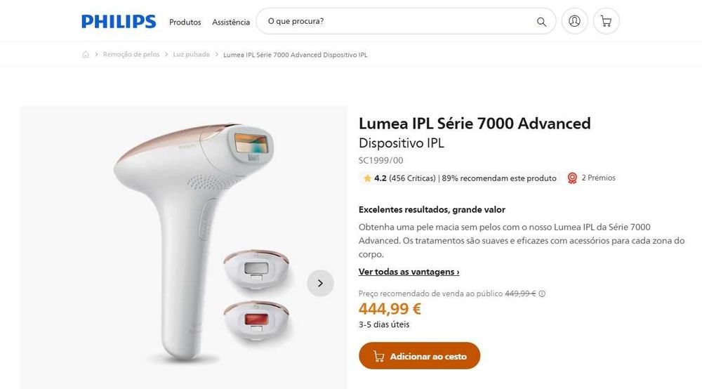 Depiladora PHILIPS IPL Lumea Advanced SC1999 (3 cabeças) como NOVA