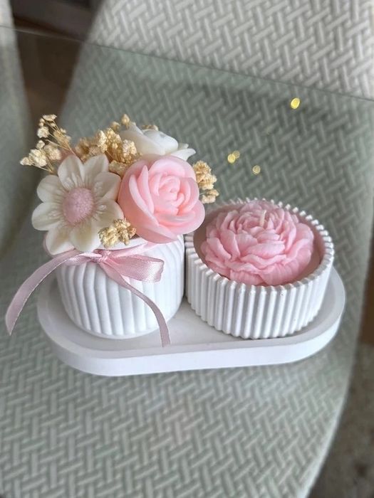 Zestaw Tacka box kwiatowy swieca piwonia