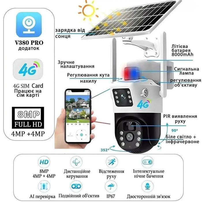 WiFi автономна камера відеонагляду на сонячній панелі 8мп вулична TP15
