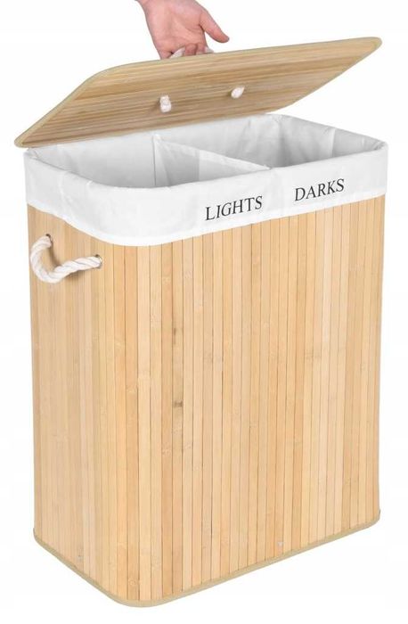 Duży Kosz Bambusowy na Pranie 100L Organizer Dwukomorowy Loft