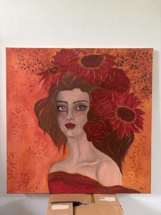 Portret kobiety z kwiatami - czerwone słoneczniki i róże 70x70cm