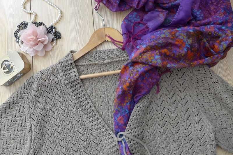 Ażurowa żakardowa narzutka lekki kardigan sweter bolerko L 40 XL 42
