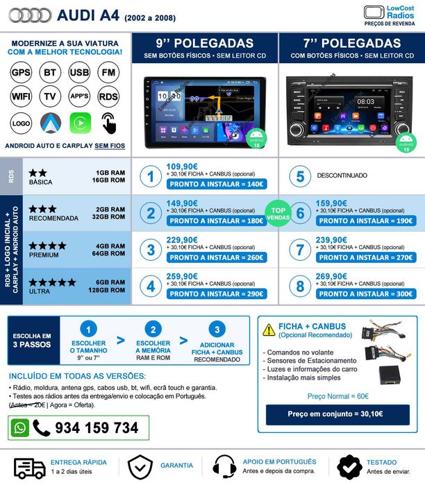 *Auto Rádio GPS 7" ou 9" | AUDI A4 (2002 a 2008) | ANDROID 15 • USB • DVD • BT | CARPLAY • ANDROID AUTO