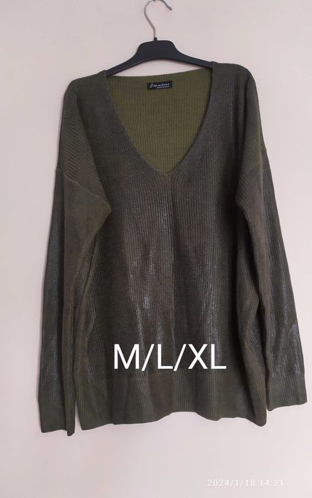 Ciemnozielona bluzka na długi rękaw połyskująca dekolt V M/L/XL