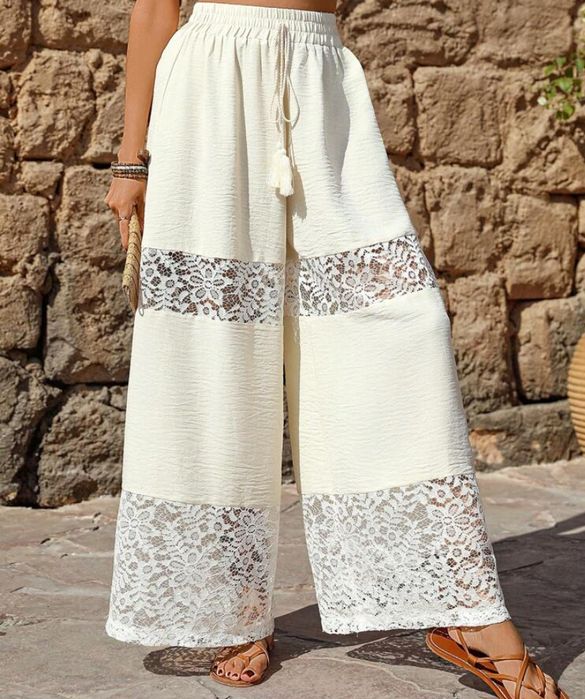 Жіночі штани-палаццо з мереживною вставкою та зав'язками