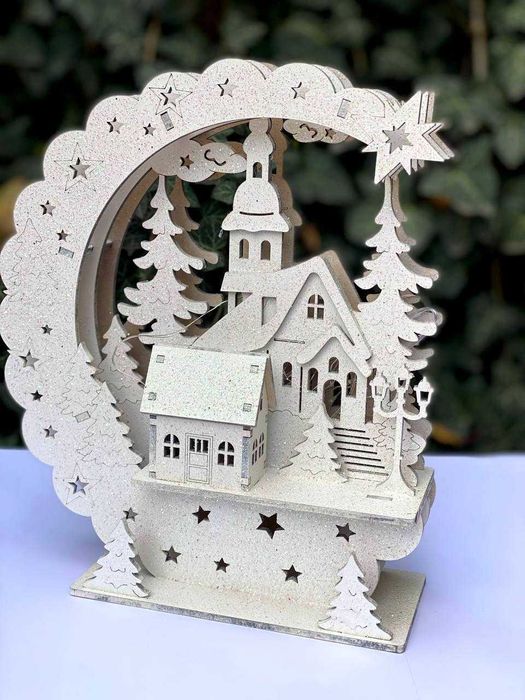 Різдвяний декоративний нічник, інсталяція Хатинка в лісі під місяцем