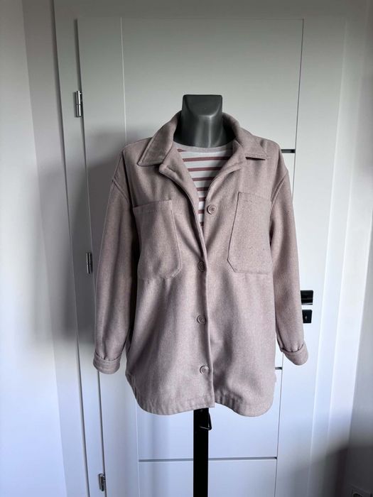Beżowa kurtka oversize elegancki klasyczny płaszcz damski M z domieszką wełny