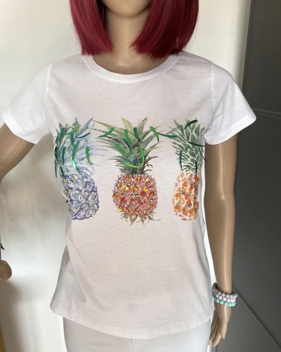 T-shirt biały z nadrukiem ananasów, 100% bawełna, rozmiar S