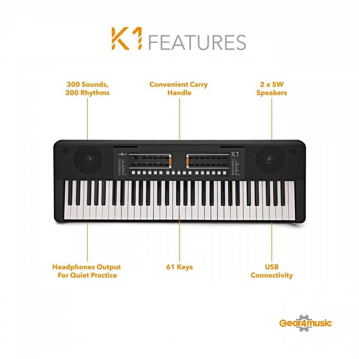 Teclado K1 de 61 Teclas com Pack Completo (fone, cadeira e suporte) da Gear4music (muito pouco usado)