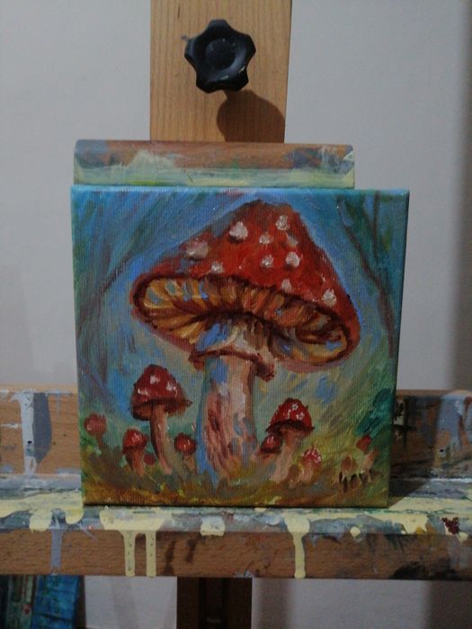 Авторська картина  "гриб",олія полотно 15 на 15 см