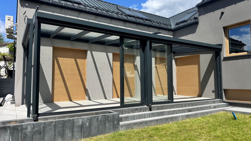 SOLIDNE Zadaszenie tarasu aluminiowe ze szkłem i poliwęglanem NA WYMIAR jakość PREMIUM, zabudowa tarasu szklana, pergola tarasowa