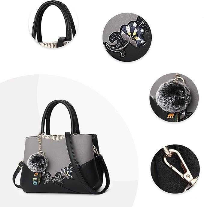 DORRISO Damska Torebka Skóra PU Embroidery Grey B 32×14×22cm Haft