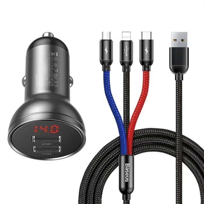 Ładowarka samochodowa Baseus z wyświetlaczem 24W + kabel USB 3w1